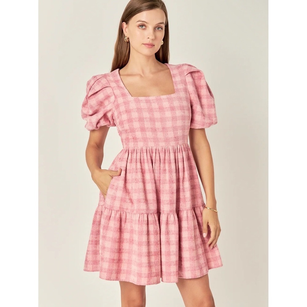 English Factory NWT Pink Gingham Puff Sleeve Mini Dress 2X Boucle Tweed Babydoll